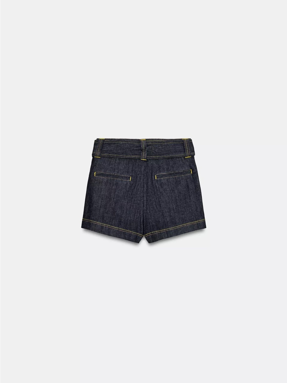 Zara Dark Blue Denim High-Waist Shorts with Yellow Stitching